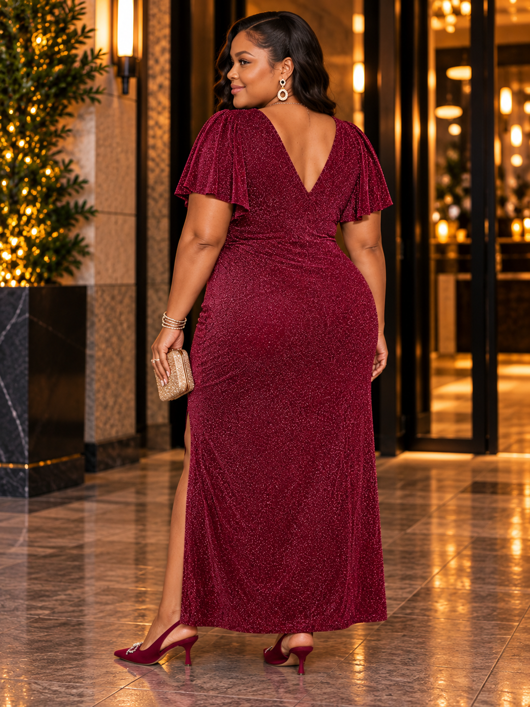 Jessica Sparkle Plus Size Cocktail Dress in Wine
