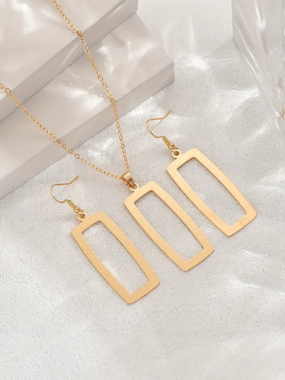 Geometric Hollow Square Pendant Necklace and Earrings Set