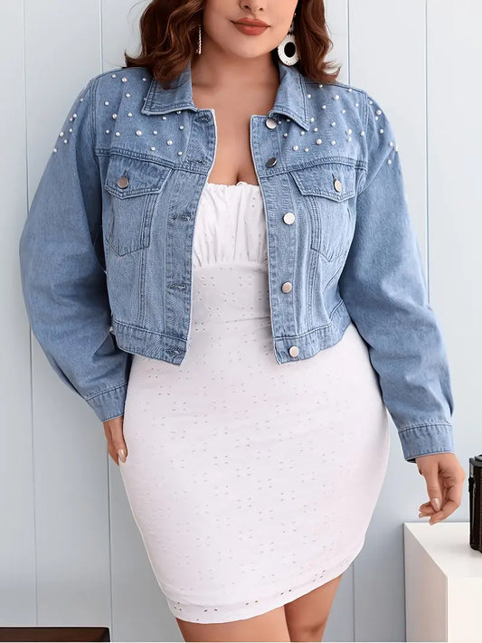 Fernanda Pearl Detail Plus Size Jean Jacket