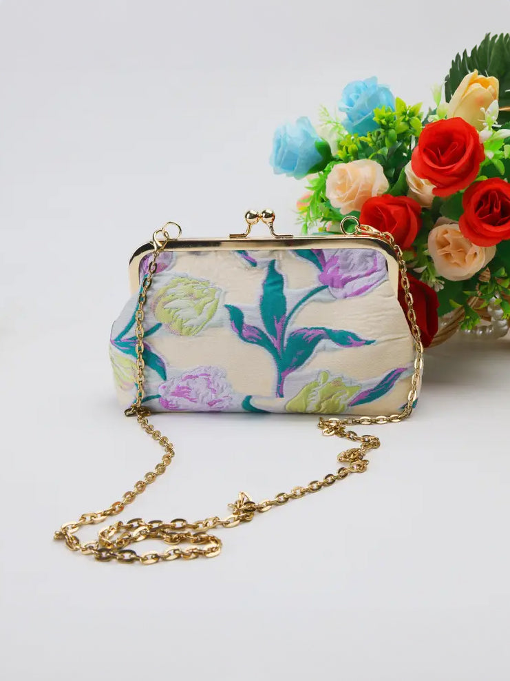 Elegant Vintage Evening Purse in Cream with Tulips