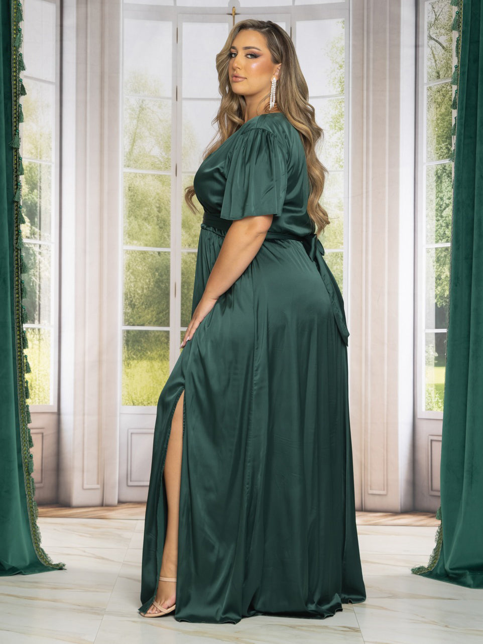 Sara Plus Size Satin Maxi Dress in Hunter Green