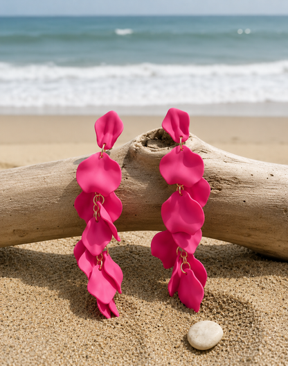 Exaggerated Long Petal Tassel Earrings in Fuchsia