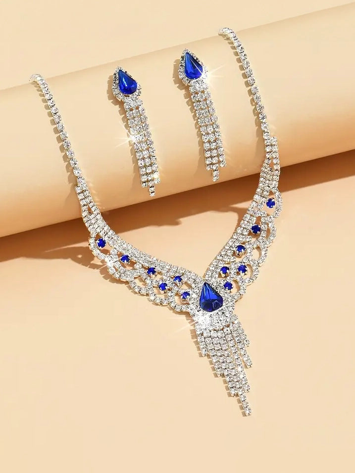 Rhinestone Tassel Necklace and Earring Set in Blue