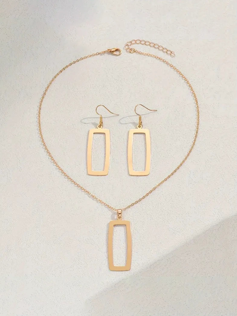 Geometric Hollow Square Pendant Necklace and Earrings Set