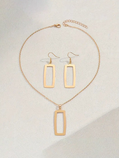 Geometric Hollow Square Pendant Necklace and Earrings Set