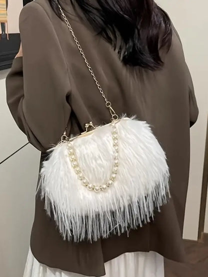 Faux Fur Long Hair Evening Clutch in Ivory