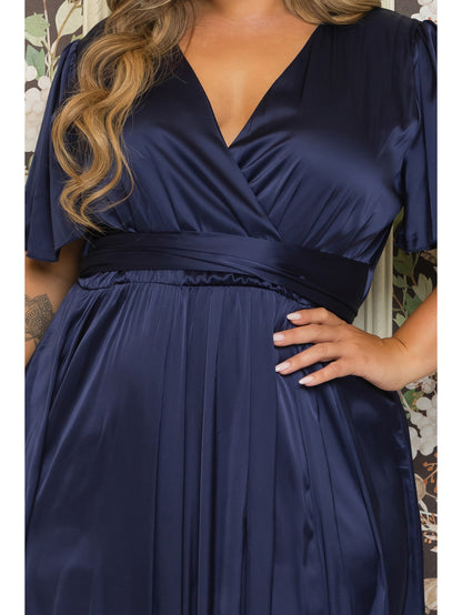 Sara Plus Size Satin Maxi Dress in Navy