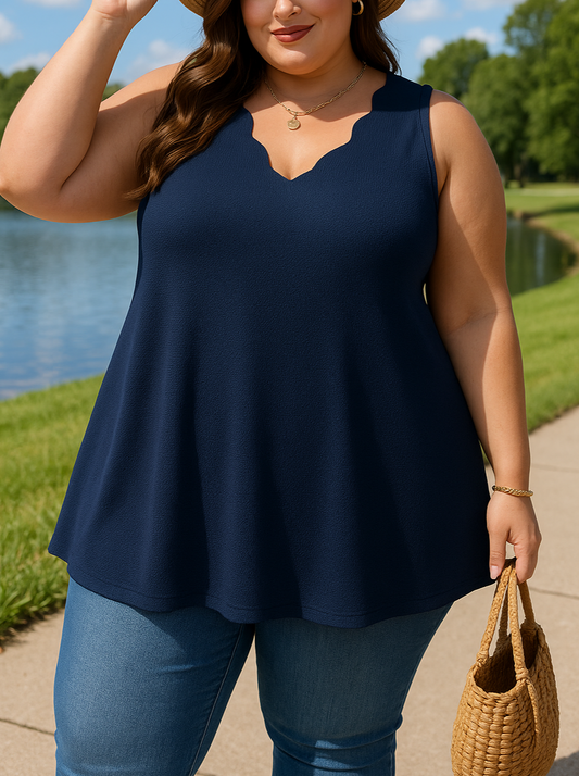 Gloria Scalloped V-neck Plus Size Tank in Navy