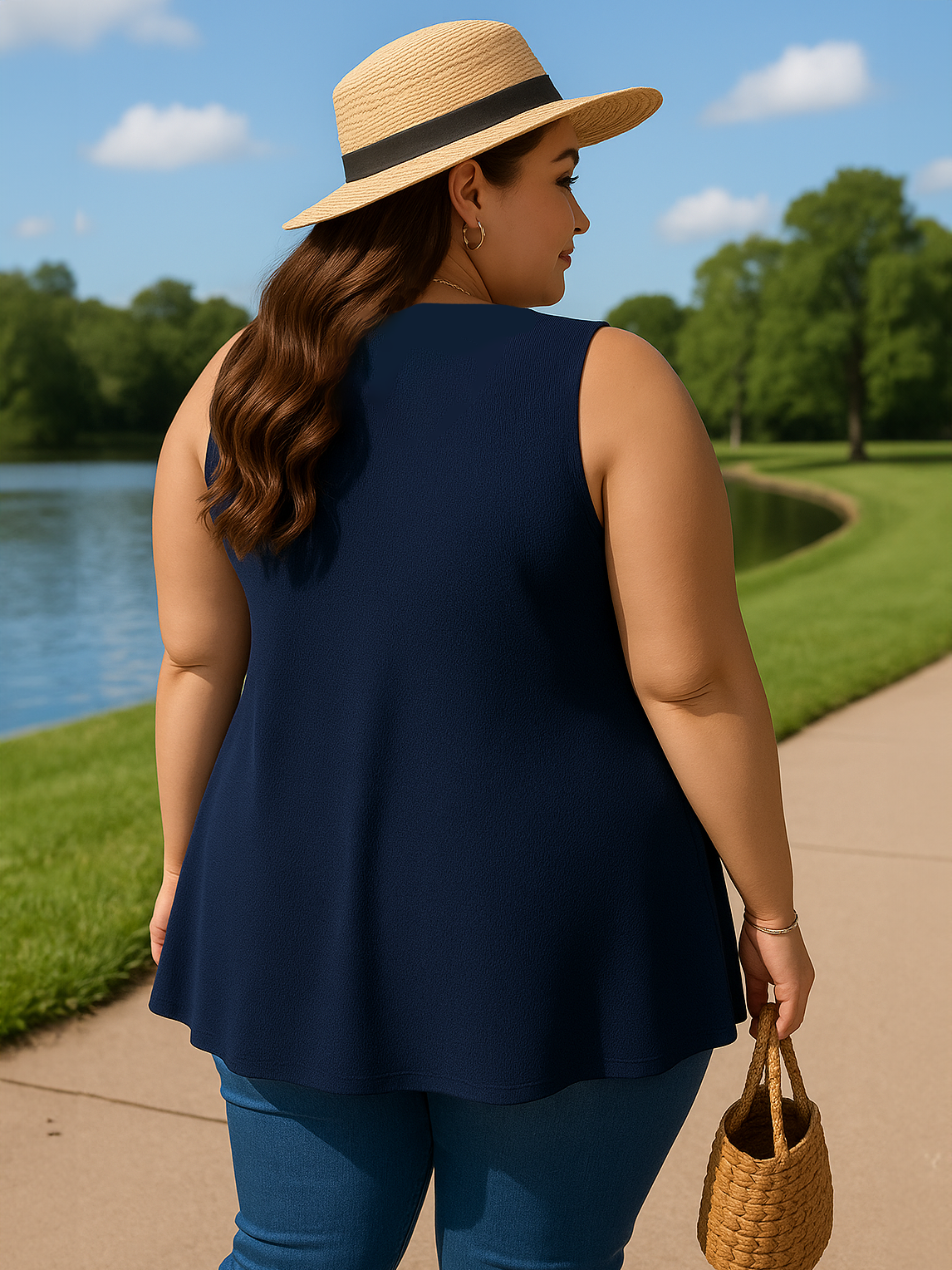Gloria Scalloped V-neck Plus Size Tank Top in Navy