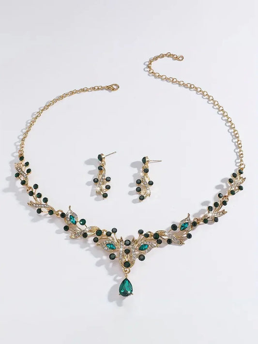 Rhinestone Zirconia Inlay Necklace and Earring Set in Green and Gold