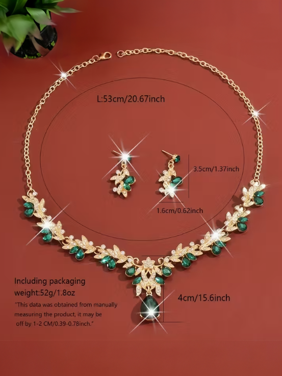 Elegant V-neck Emerald Necklace Set