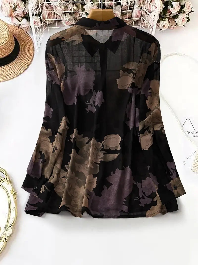 Indigo Printed Plus Size Sheer Shirt