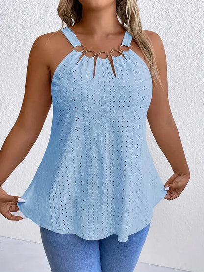 Vienna Plus Size Eyelet Halter Top in Baby Blue