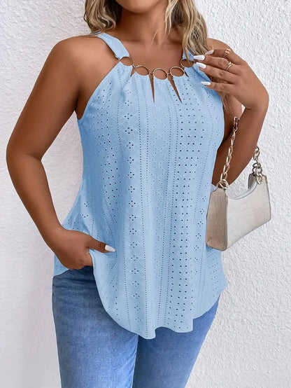 Vienna Plus Size Eyelet Halter Top in Baby Blue