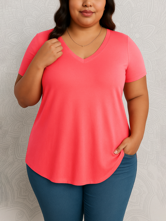 Neva Perfect Plus Size V-neck T-shirt in Neon Coral