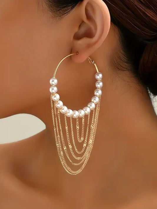 Chain Tassel Faux Pearl Hoop Earrings