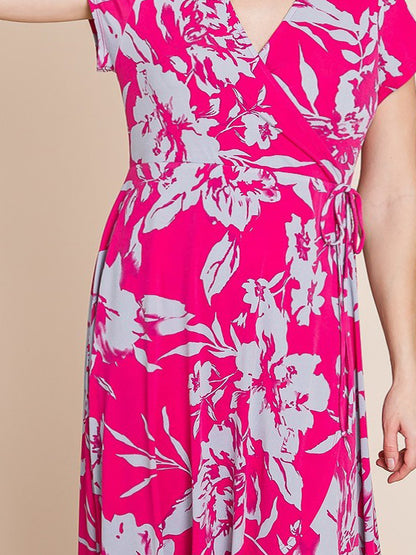 Bonnie Plus Size Faux Wrap Dress in Fuchsia and Grey