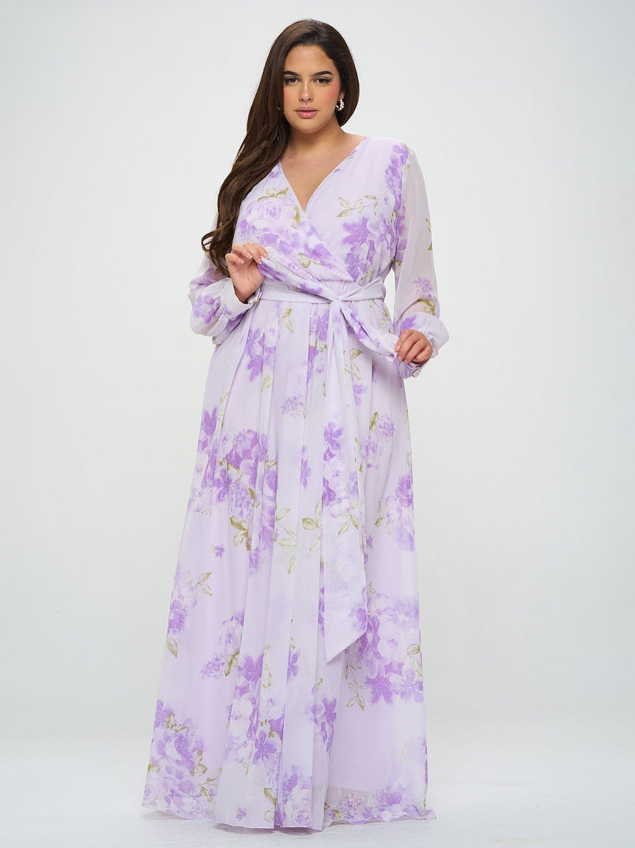 Abigail Plus Size Chiffon Maxi Dress in Lilac Floral CURVE THEORY