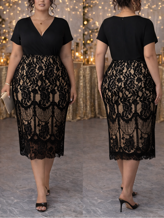 Woman wearing a black top and lace skirt with a decorative background