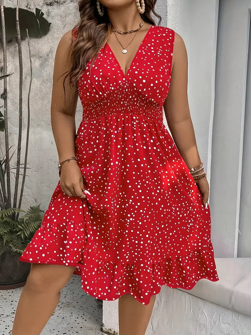 Sherry Sleeveless Polk-o-dot Plus Size Dress