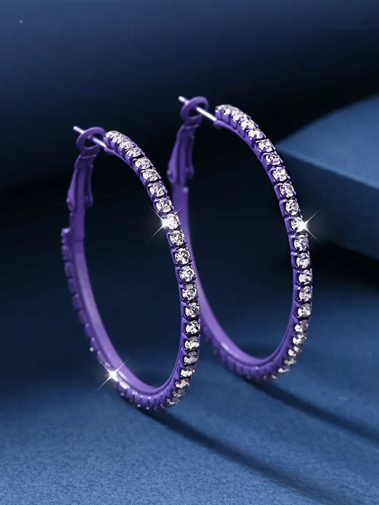 Purple Rhinestone Hoop Earrings
