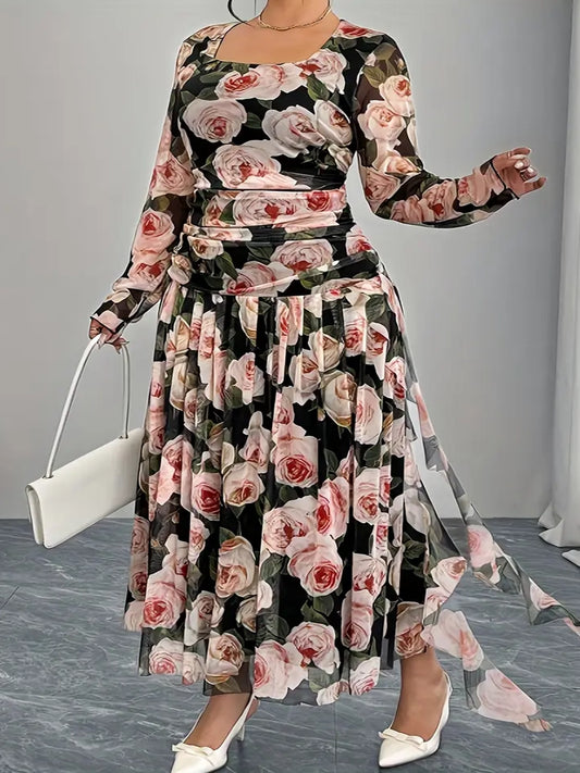 Rose Floral Print Plus Size Cocktail Dress