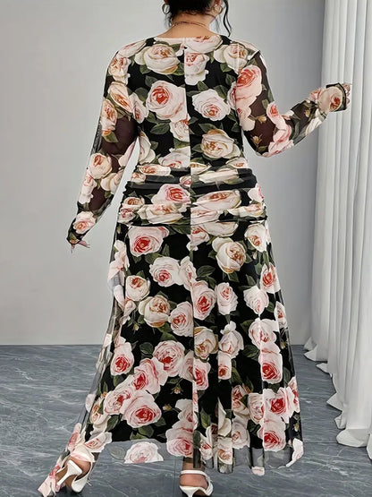 Rose Floral Print Plus Size Cocktail Dress