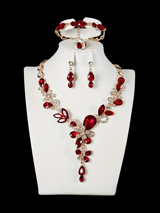 Ruby Blossom Rhinestone 4-Piece Necklace Set