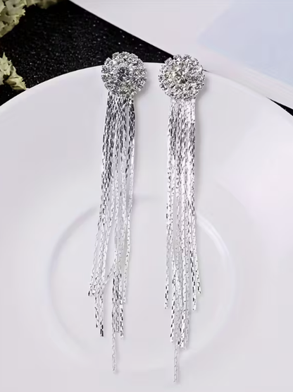Sparkling Crystal Long Tassel Earrings