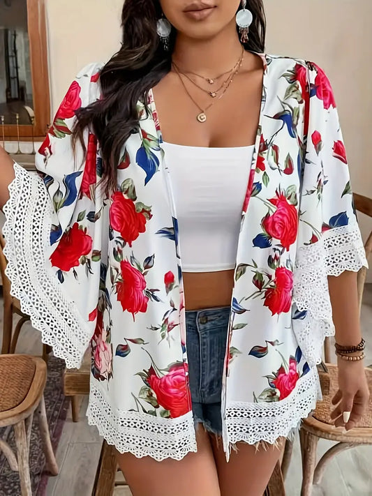 Suzy Embroidered Plus Size Printed Kimono