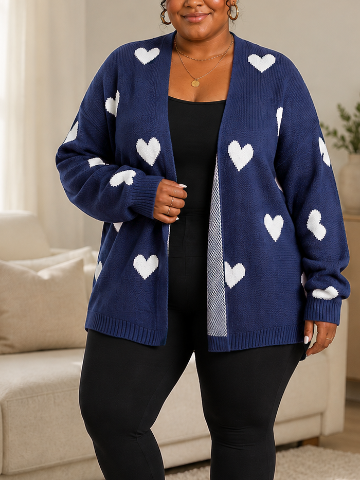 Heart Print Cozy Plus Size Cardigan in Navy