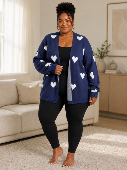 Heart Print Cozy Plus Size Cardigan in Navy