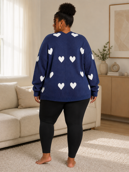 Heart Print Cozy Plus Size Cardigan in Navy