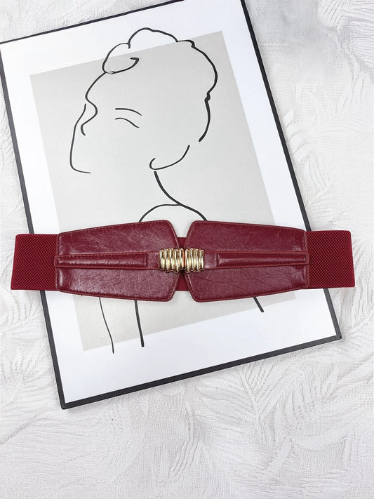 Plus Size Wide Elastic Belt with Metal Clasp in Maroon