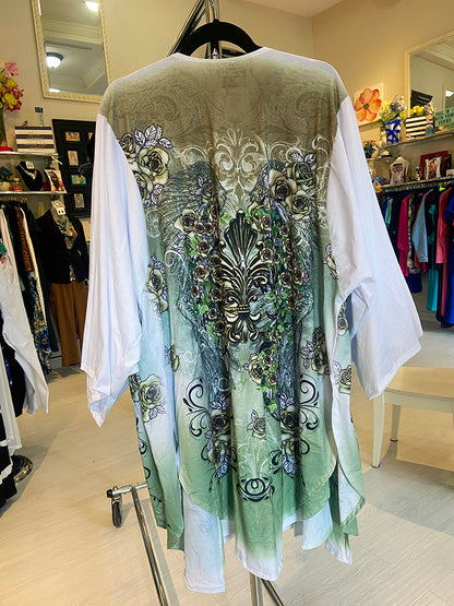 Jada Plus Size Kimono in Wings Print, plus size outerwear, styled view